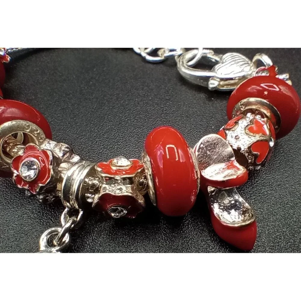 Charm Bracelet Beads Rhinestone Silver Tone Snake Chain Red Statement Jewelry - Picture 8 of 13